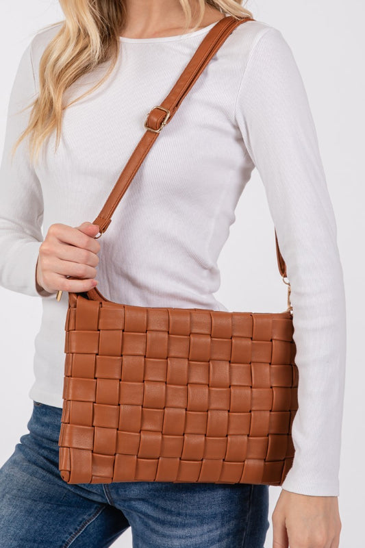 Fame Faux Leather Basket Weave  Crossbody Bag