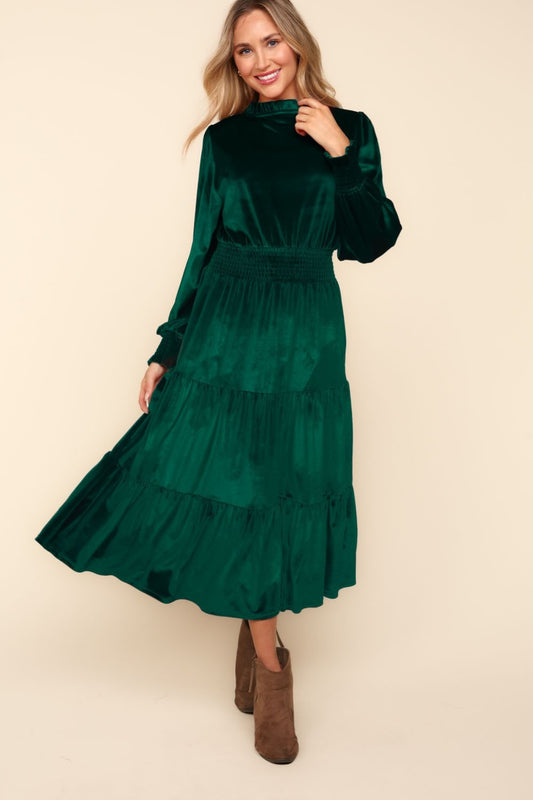 Haptics Mock Neck Smocked Waist Velvet Tiered Dress