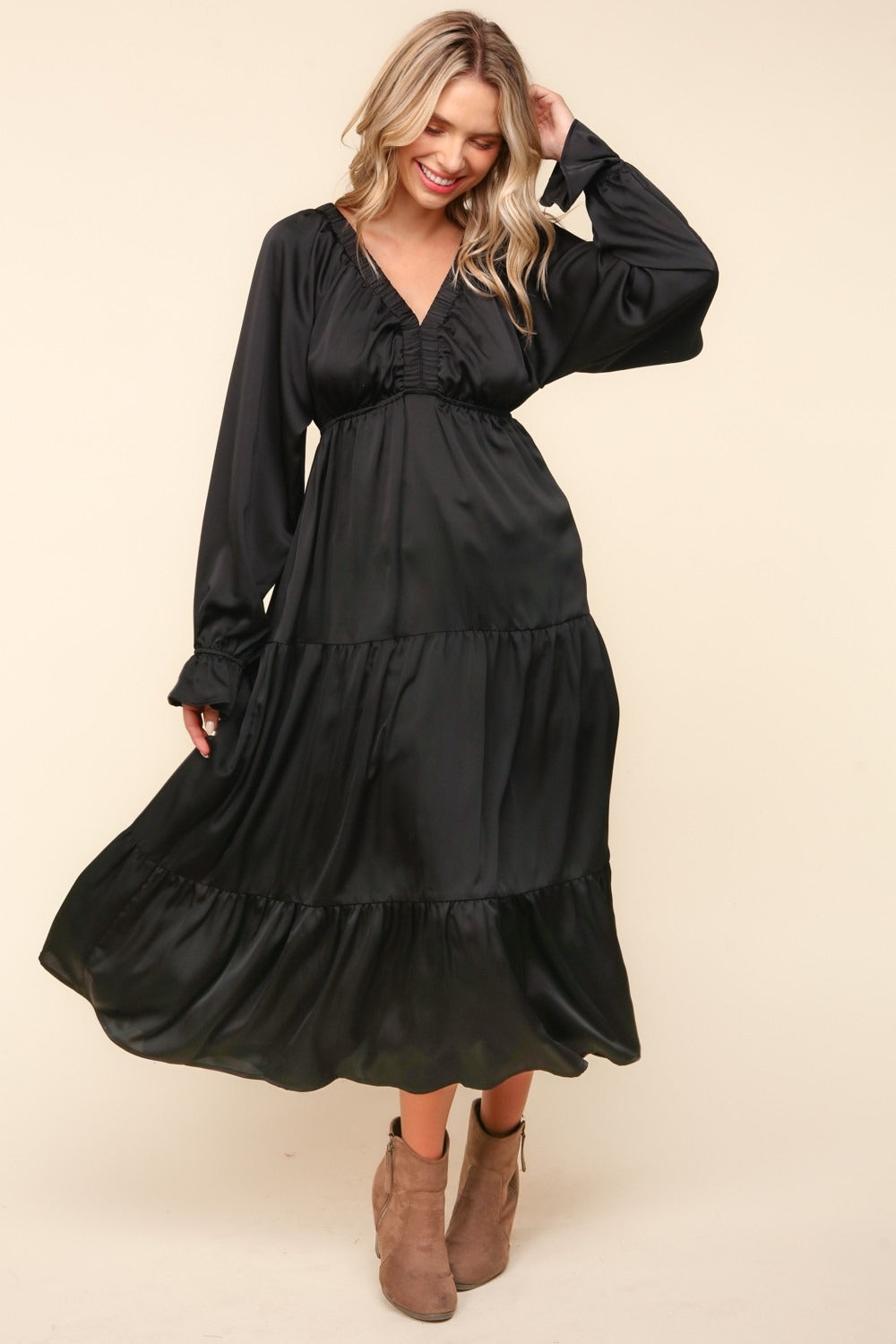 Haptics Flounce Sleeve Tiered Midi Dress with Pockets