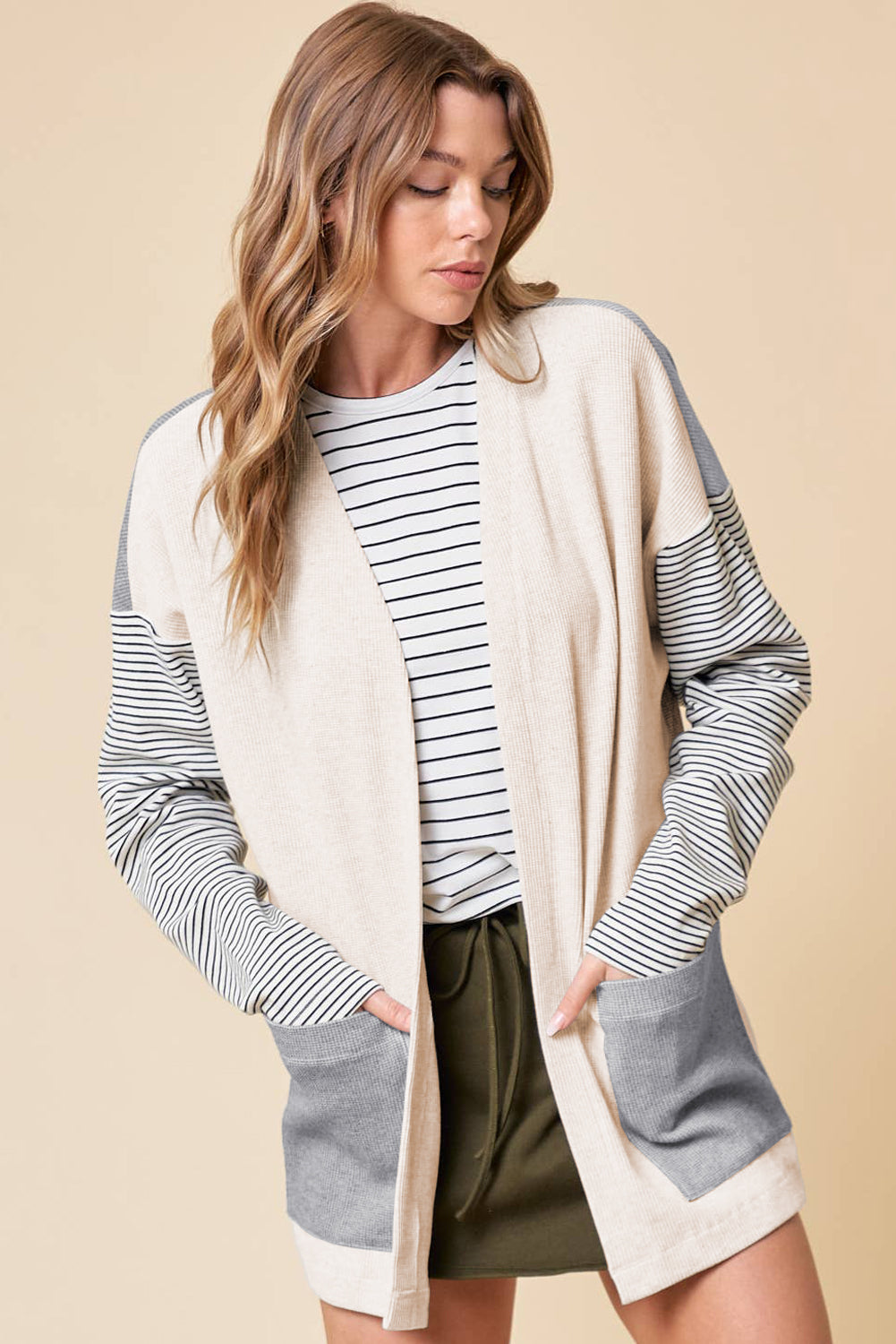 Black Stripe Colorblock Patchwork Open Front Cardigan with Pocket