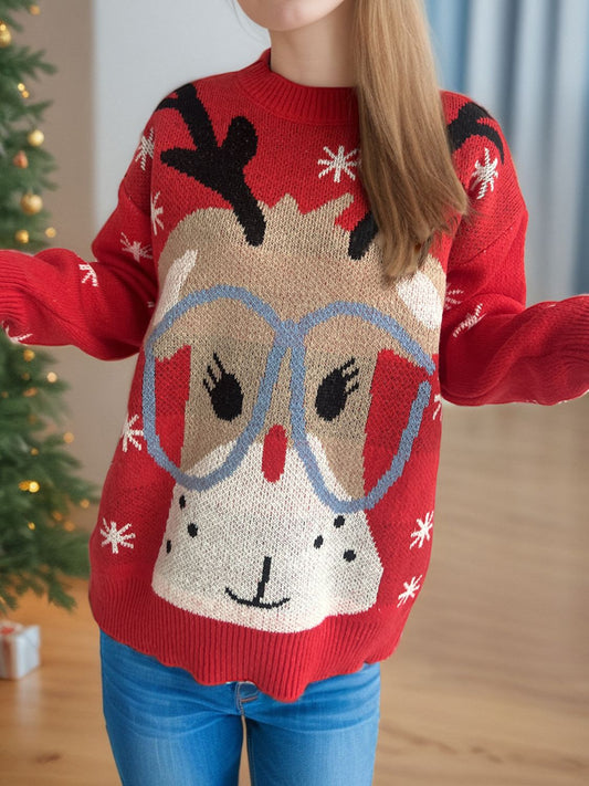 Reindeer Round Neck Dropped Shoulder Sweater